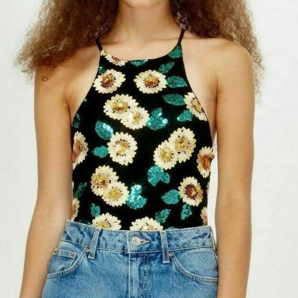 TopShop Bodysuit Floral Sunflower Flower Halter